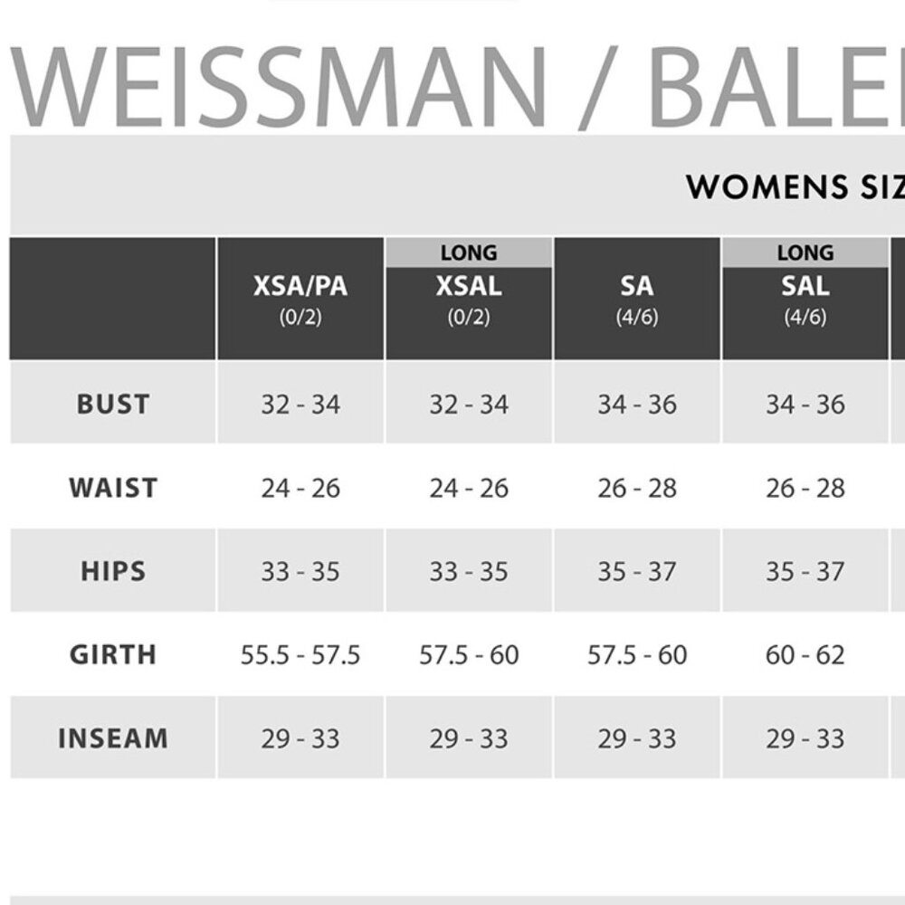 Weissman/ Balera size Chart for Women